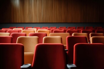 Obraz premium The image presents an empty theater hall with neatly arranged red seats, directing attention towards the stage, inviting anticipation and dramatic expectations.