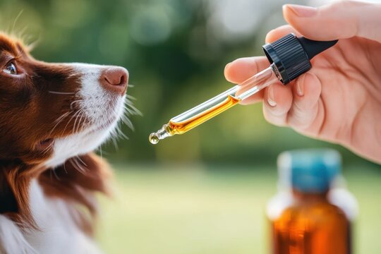 A close-up image features a curious dog sniffing a drop of oil from a dropper bottle, possibly illustrating themes of veterinary care or aromatherapy with a natural background.
