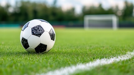 Close-Up of a Classic Black and White Soccer Ball on Fresh Green Grass Field with Goalpost in Background