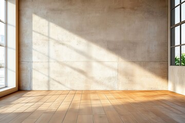 An empty room with sunlight streaming through large windows, bare concrete walls, and a polished wooden floor, offering a simple yet serene atmosphere.