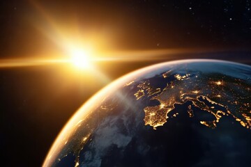 Fototapeta premium A breathtaking view of sunrise over Europe from space, with twinkling city lights depicting urbanization, beauty, and human impact on the planet.