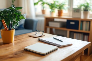 Fototapeta premium A tidy home office with glasses, a notebook, potted plants, pencils, and warm lighting creating an inviting and thoughtful work environment atmosphere.