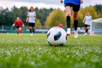 Players actively engaged in a soccer game, one focusing on dribbling the ball on a field, capturing teamwork, agility, and the exhilaration of sports.