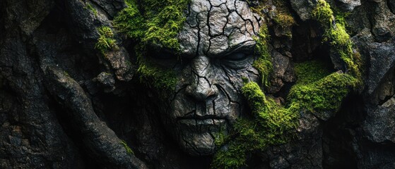 Dark gothic art, ancient being emerging from stone, moss-covered features