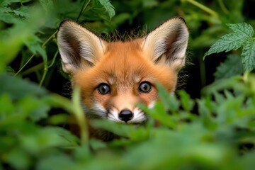 Fototapeta premium A curious young fox with a striking orange coat peeping through lush green foliage. Its bright, inquisitive eyes peek through dense leafy surroundings.