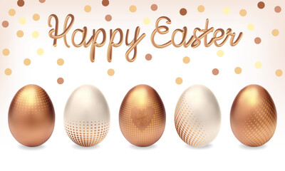 Golden Easter eggs isolated on white background. Easter golden decoration element. Egg hunt game. Set of golden eggs. Happy easter day hunting vector set. Spring holiday golden eggs. Golden egg