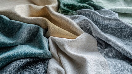 Colorful fabric swatches in various textures, draped and arranged in a circular pattern.