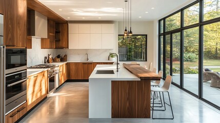 Modern kitchen with wooden cabinetry and large windows overlooking nature.