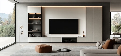 Modern living room with a minimalist design, featuring a TV and shelves.