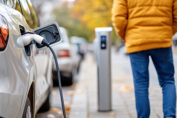 Image shows an electric car plugged into a charging station on a city street, with the charger and vehicle as the main focus and a person walking by.