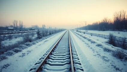 Fototapeta premium Snowy Railroad Tracks Vanishing Into Winter Horizon