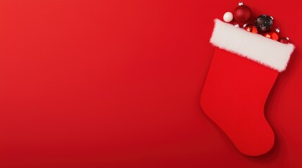 Creative Christmas Stocking Cutout Filled With Ornaments on Red Background Ready for Holiday Season Decor and Festive Celebration Perfect for Seasonal Graphic Design and Winter-Themed Projects
