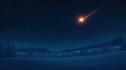 Animated Shooting Star Over Snowy Village Night Sky with Holiday Decorations, Winter Landscape, Stars, Tranquil Winter Scene with Illuminated Cozy Houses, Seasonal Nighttime Magic