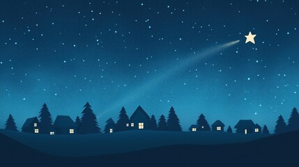 Christmas Greeting Cards Shooting Star Over Winter Village at Night Scene with Stars Twinkling in Dark Sky Holiday Winter-Themed Designs