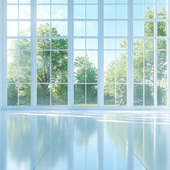 Bright room with large windows and a white ceramic tile floor, sunlight shining through the window onto the floor