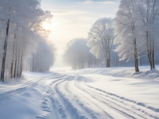 A fabulous winter landscape, a winter road surrounded by snow-covered trees, under the bright winter sunshine