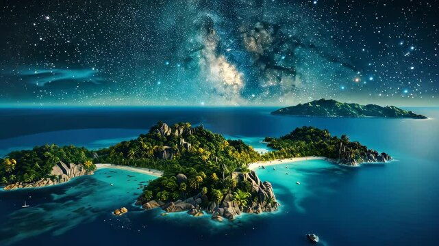 Elegant and Enigmatic Island Under a Starry Night Sky with Cosmic Marvels in View