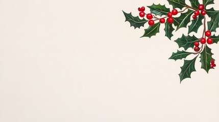 Christmas Scroll Paper with Holly and Red Berries on Top Right Corner for Holiday Invitations or Festive Designs