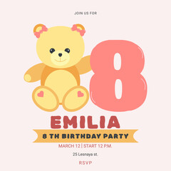 Invitation childrens birthday party with cute bear and number. Celebration eight birthday. Greeting card template for children. Vector illustration.