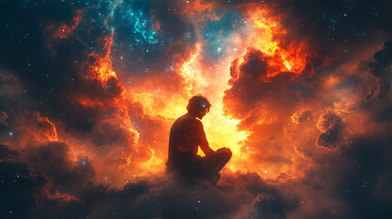 grateful man prays to God at dawn, facing the galaxy sky with a radiant backlight, symbolizing hope, faith, and spiritual connection amidst the vastness of the universe