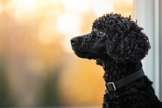 Black curly-haired dog gazes thoughtfully outdoors in soft golden light