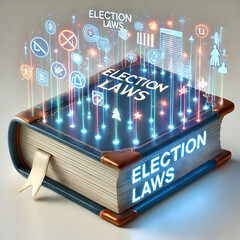 3D Floating Holographic Election Laws Book with Glowing Pages and Copy Space