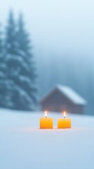 Winter Wonderland With Burning Candles And Snowy Chalet In The Background On Christmas Eve, Creating A Serene And Peaceful Atmosphere With Snow-Covered Trees Adding To The Festive Spirit