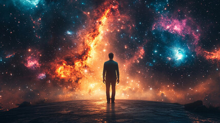 grateful man prays to God at dawn, facing the galaxy sky with a radiant backlight, symbolizing hope, faith, and spiritual connection amidst the vastness of the universe