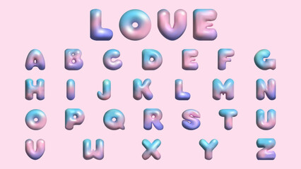 3D letters the English alphabet Y2K style. Bubble font. Text Love. Festive design. Rainbow Letters for Holiday.
