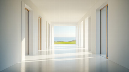 Obraz premium 3D rendering of a white hallway with doors leading to a green field and a sea view, in a minimalistic style, with bright lighting