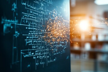 Innovative technology concept with mathematical equations and glowing connections in a modern workspace
