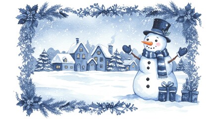 Obraz premium Merry Christmas and Happy Holidays greeting card, frame, banner. New Year. Noel. Christmas ornaments and gift on blue background top view. Winter xmas holiday theme. Flat lay, Happy snowman