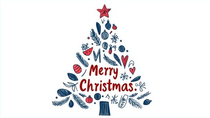 Merry Christmas Greeting Card Design Featuring Illustrated Holiday Tree with Red Star and Ornaments