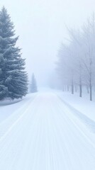 Obraz premium Enchanting Snowy Forest Path with Mystical Fog and Falling Snowflakes in Winter Wonderland Scene for Holiday Design Use