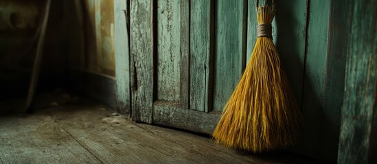 Worn broom leaning against a weathered door.