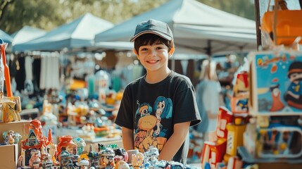Young boy smiling at flea market.