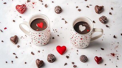Minimalist flat lay of matching mugs with romantic designs, chocolates, and a small red heart on a white surface 