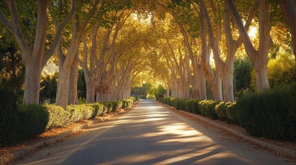 Obraz premium Sunlit Pathway Through a Tree-Lined Avenue
