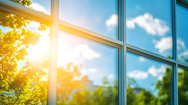 Close-up of energy-efficient double-glazed windows with sunlight reflecting off the glass
