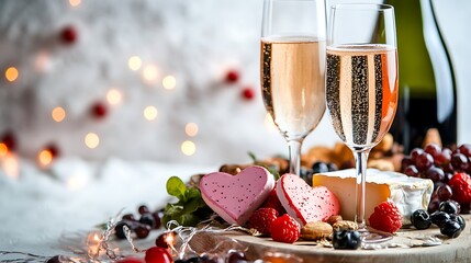 Valentine's Day picnic concept with wine glasses, a bottle of champagne, and a heart-shaped cheese platter on a white background 
