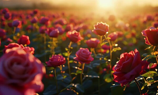 the camera gently dips, zooming in to reveal expansive fields of vibrant Al Taif roses, their deep pink and red hues shimmering under the golden sunlight