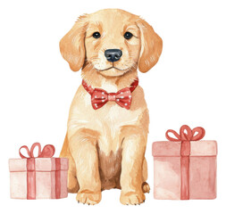 PNG A watercolor cute golden retriever puppy sits between two gift boxes, wearing a red bow tie and exuding playful charm.