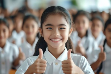 Smiling girl gives thumbs up in classroom filled with students during a learning activity in the morning