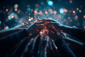 Hands reaching towards each other with glowing sparks, creating a sense of connection and unity in a dark space