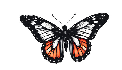 Fototapeta premium Butterfly vintage authentic hand drawn ink brush black illustration, Side lit, with white tones