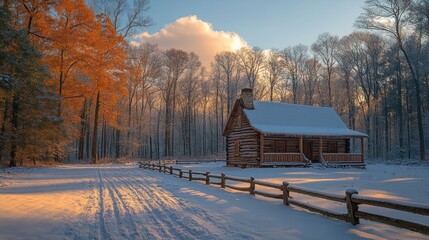 Rustic log cabin in snowy winter forest at sunrise.