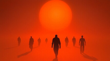 Fototapeta premium Silhouetted figures walk toward a large red sun in a hazy, orange landscape.