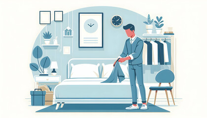 Flat Candid shot of a person making a bed in a tidy bedroom with space for copy above. concept as A candid image of someone making a bed in a clean organized bedroom. The focus on tidiness and home ca