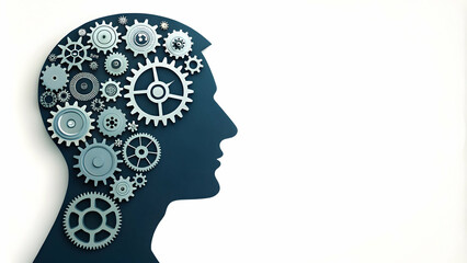 Abstract digital gears forming human head silhouette with copy space concept as A glossy image depicts digital gears arranged to form a human head silhouette on a plain background symbolizing technolo