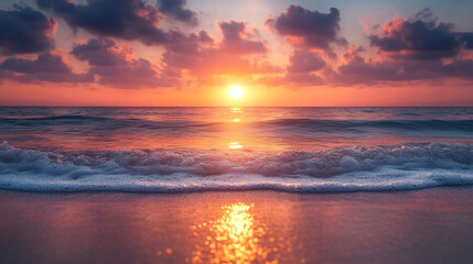 mesmerizing sunrise over the sea, with the water in motion and blurred, symbolizing chaos, renewal, and the natural beauty of the horizon as the day begins